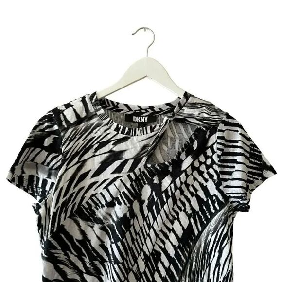 Dkny Print Knot Cutout T-Shirt in Black White Combo Soft Short Sleeves SZ M #189 - Picture 4 of 12